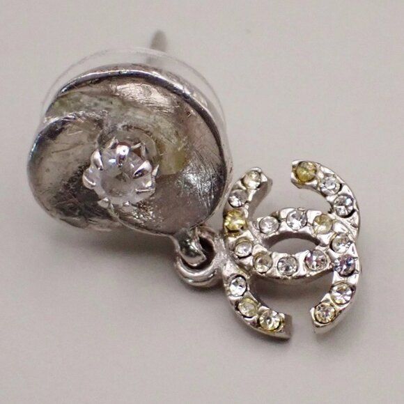 CHANEL CC Logo Rhinestone Camelia Piercing Earring 04P Silver France 38RF516 - Picture 6 of 11